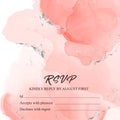 Tender pink save the date rsvp  card. Wedding invitation lettering with alcohol ink splas. Liquid flow vintage template with Royalty Free Stock Photo