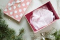 Tender pink underwear on the white background. Christmas women& x27;s Royalty Free Stock Photo