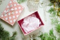 Tender pink underwear on the white background. Christmas women& x27;s Royalty Free Stock Photo
