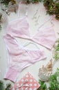 Tender pink underwear on the white background. Christmas women& x27;s Royalty Free Stock Photo