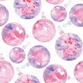 Tender rosy watercolor Christmas baubles seamless pattern