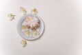 Tender sand tart with powdered sugar on plate with some jasmine flowers around on white table. Sweet pastry, spring blossom