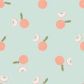 Tender seamless fruit pattern with pink apple elements. Blue light background. Pastel tones artwork