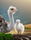 Tender shot of a mother ostrich with her little baby ostrich Royalty Free Stock Photo