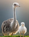 Tender shot of a mother ostrich with her little baby ostrich Royalty Free Stock Photo