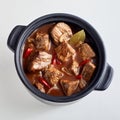 Tender spicy beef goulash in a top down view