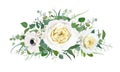 Tender spring vector floral bouquet design. Cream yellow cabbage Roses, white anemone, ivory wax flowers, Eucalyptus green leaves