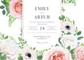 Tender stylish floral wedding invite, save the date, greeting card, banner template design. Pink, white rose flowers, anemone, Royalty Free Stock Photo