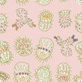 Tender summer seamless pattern of cacti doodles. Perfect for T-shirt, textile and prints. Hand drawn vector illustration