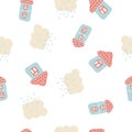 Tender summer seamless pattern of houses and rainy clouds. Design for T-shirt, textile and prints.
