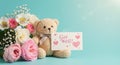 tender teddy bear with blooms and get well message on soft teal backdrop - generated using ai