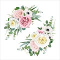 Tender vector floral bouquet design. Blush peach, mauve, pale pink, cream cabbage Rose, ivory white anemone flowers, Eucalyptus