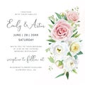 Tender vector wedding invite save the date card. Watercolor muted pink, light yellow garden rose flowers, eustoma, ranunculus, Royalty Free Stock Photo