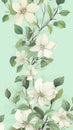 Tender white blossom on light green background. Vertical floral pattern, flat lay, top view. Greeting, invitation card Royalty Free Stock Photo