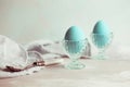 Tender white blue Easter decoration, painted Easter eggs. Copy s Royalty Free Stock Photo