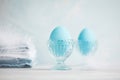 Tender white blue Easter decoration, painted Easter eggs. Copy s Royalty Free Stock Photo