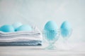 Tender white blue Easter decoration, painted Easter eggs. Copy s Royalty Free Stock Photo