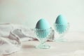 Tender white blue Easter decoration, painted Easter eggs. Copy s Royalty Free Stock Photo