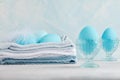 Tender white blue Easter decoration, painted Easter eggs. Copy s Royalty Free Stock Photo