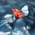 Tender white butterflies on a red flower in a summer garden on a blue background. Artistic summer background. Square format.