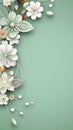 Tender white flowers composition on light green background. Vertical frame made of floral pattern with blank empty copy Royalty Free Stock Photo