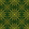 Tender winter seamless pattern with graphic snowflakes in gold and green colors