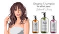 Tender woman with bangs advertising organic shampoo with herbal care. Various plants and colors. Mint, orange and