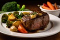 tenderloin steak, seared and juicy on the inside, topped with seasoned potatoes and vegetables