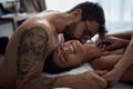 Tenderness in every touch. couple in bedroom
