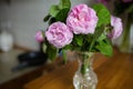 Tenderness Roses On A Wooden Rustic Table, A Glass Vase. Royalty Free Stock Photo