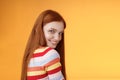 Tenderness, romance, seduction concept. Attractive cheeky flirty young redhead daring girl turn behind look shoulder Royalty Free Stock Photo