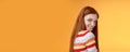 Tenderness, romance, seduction concept. Attractive cheeky flirty young redhead daring girl turn behind look shoulder Royalty Free Stock Photo