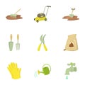 Tending garden icons set, cartoon style Royalty Free Stock Photo
