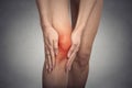 Tendon knee joint problems on woman leg indicated with red spot