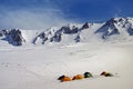 Tents at high altitude. Winter landscape on the mountain. Snow in Erciyes volcano, landmark attraction in Turkey Royalty Free Stock Photo