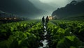 Tenebrist recreation of plantation of lettuces a fog day