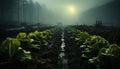 Tenebrist recreation of plantation of lettuces a fog day