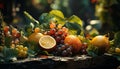 Tenebrist still life of different fruits with nature landscape background at sunset