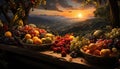 Tenebrist still life of different fruits with nature landscape background at sunset