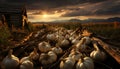 Tenebrist still life of garlic heads in a field at sunset