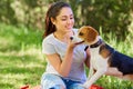 Teneeger girl and her favorite dog. Portrait close up. Royalty Free Stock Photo