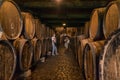 TENERIFE, CANARY ISLANDS - July 25, 2018: Interior of an old wine cellar with huge wooden oak barrels, in the north of the island Royalty Free Stock Photo