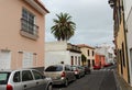 Tenerife. Colourful houses and house with unusual balconies on street in Puerto de la Cruz town, Tenerife, Canary Islands, Spain