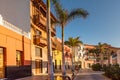 Colourful houses, palm on street Puerto de la Cruz town Tenerife Canary Islands Royalty Free Stock Photo