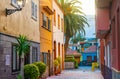 Colourful houses, palm on street Puerto de la Cruz town Tenerife Canary Islands Royalty Free Stock Photo