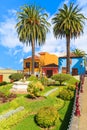 Typical colourful Canarian houses and palm trees in La Orotava town, Tenerife, Canary Islands, Spain Royalty Free Stock Photo