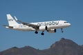 Marabu Airlines flies in the blue sky. Landing at Tenerife Airport