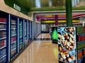 Tenerife, Spain - 20.05.23: Refrigerators and shelves in the supermarket. Snacks, beer and ice cream Royalty Free Stock Photo