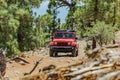 Tenerife, Spain - September 02, 2016: Jeep on a narrow rocky mountain forest road blocked by a fallen old dry pine tree. The