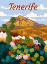 Tenerife Travel Retro Poster, view on volcano Teide, flowers, cactus. Vintage postcard Canary Islands, Spain, vector